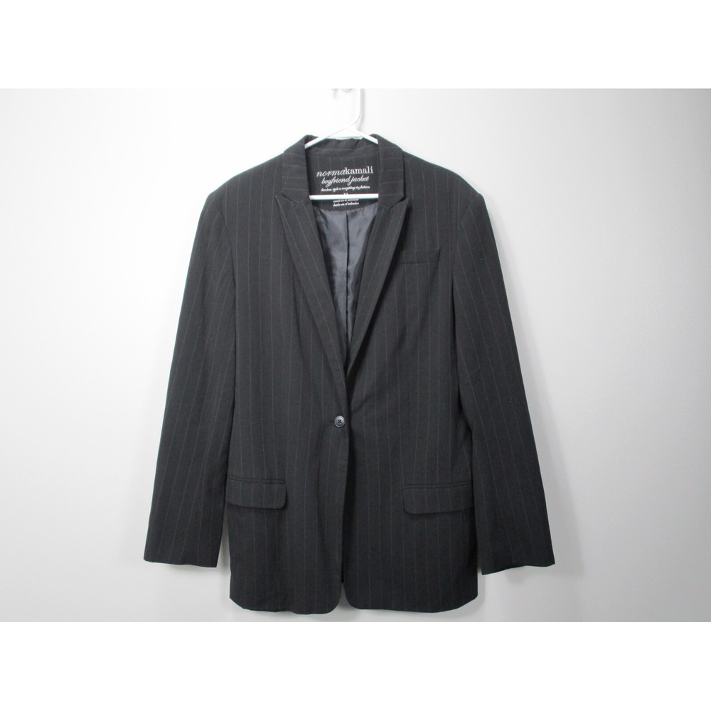 NORMA KAMALI Boyfriend Jacket BLACK PINSTRIPE‎ BLAZER 1-BUTTON LINED POCKETS 12